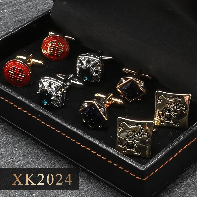 Boutons de Manchette Français pour Hommes Ensemble Boîte Cadeau d'Affaires Cuivre Métal Cristal Boutons de Manchette Costume de Mariage Chemise Accessoires de Bijoux