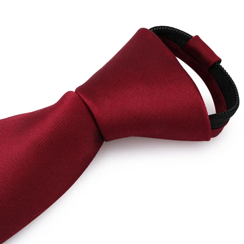 Men Business Wedding Silk Polyester Necktie Pre Tied Zipper Solid Color Narrow Tie Fashion Formal Neck Wear