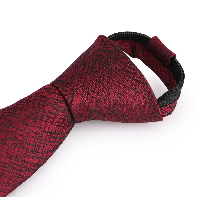 Men's Business Wedding Zipper Necktie Wine Red Irregular Pattern Easy Pull Lazy Tie Formal Suit Apparel Accessories
