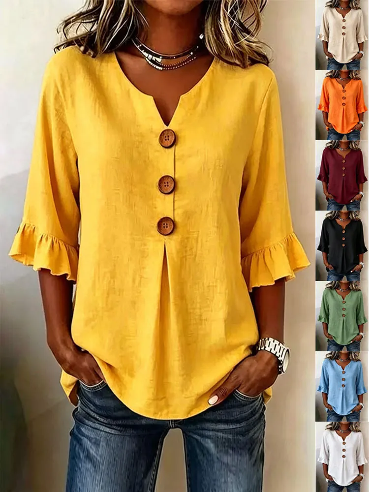 Abito Midi e Top Casual Scollo a V Tinta Unita Bottone Mezza Manica da Donna Moda Estiva Abbigliamento Casual