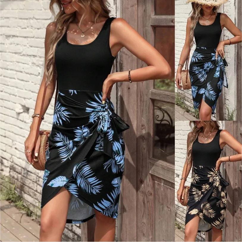 Women's Tropical Floral Print Sleeveless A-Line Midi Dress Casual Vacation Split Hem Slit Dress Summer Beach Wear