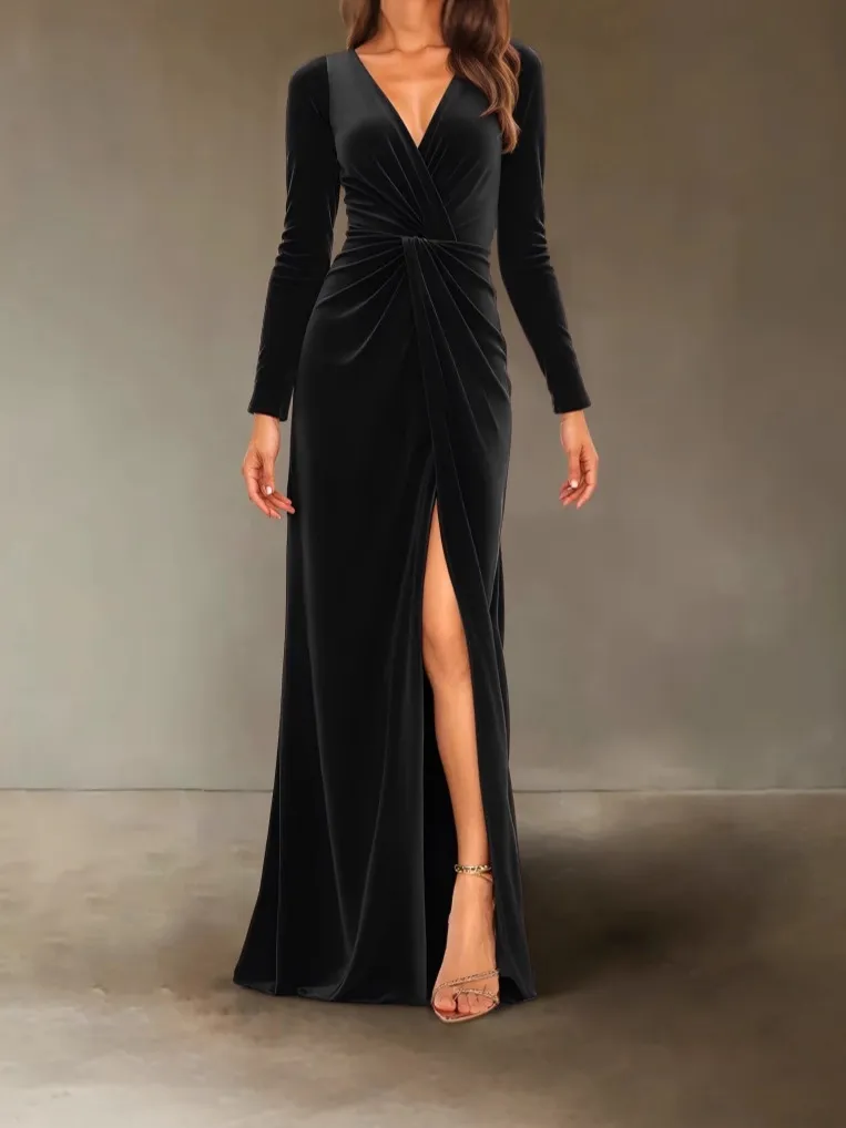 Women Elegant Long Sleeve V-Neck Solid Color Pleated Split Slim Fit Velvet Dress Evening Gown