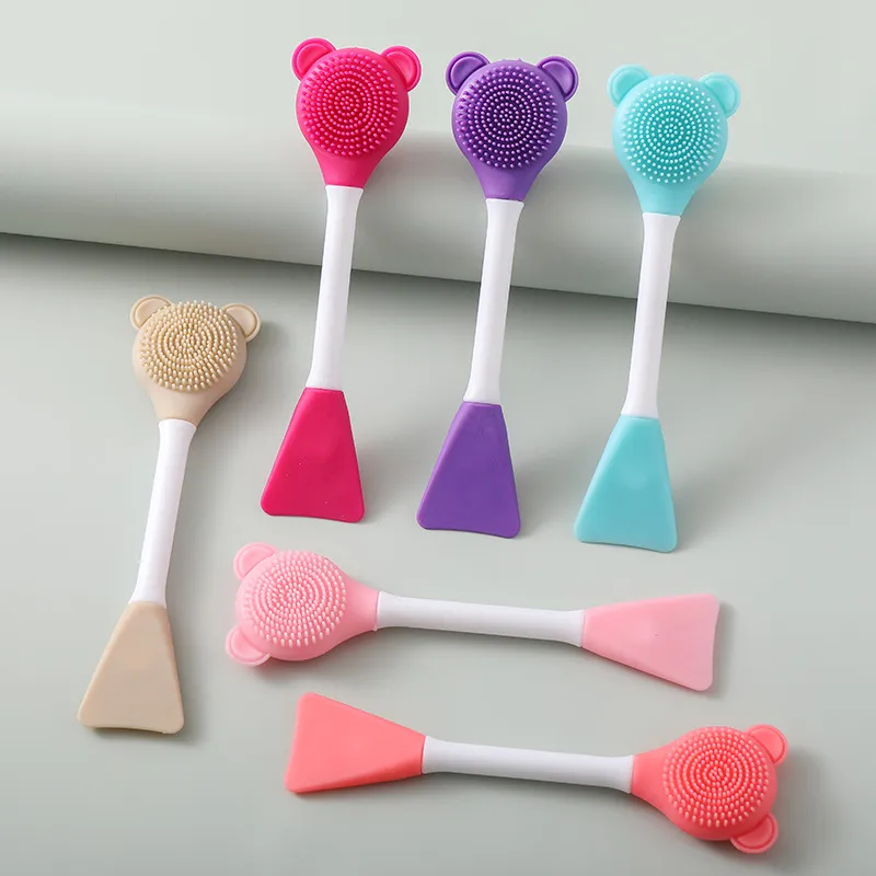 Dual Ended Facial Cleansing Brush Silicone Mask Applicator Long Handle Bear Shape Massage Face Scrubber Tool