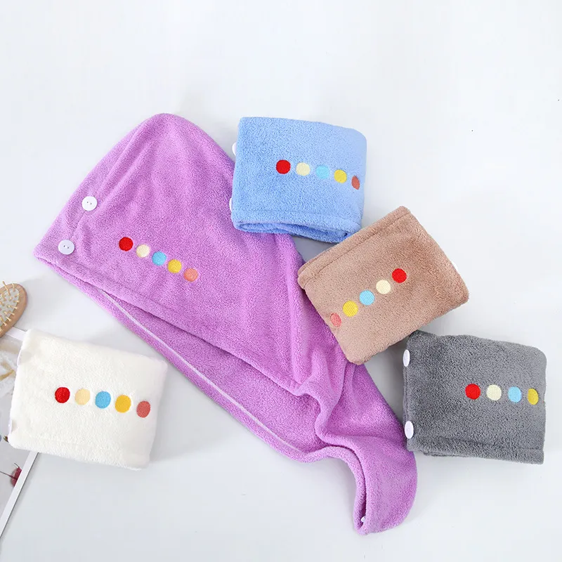 Coral Fleece Hair Drying Cap Thickened Absorbent Quick Drying Hair Towel Wrap With Button Cute Dot Embroidery Bath Cap
