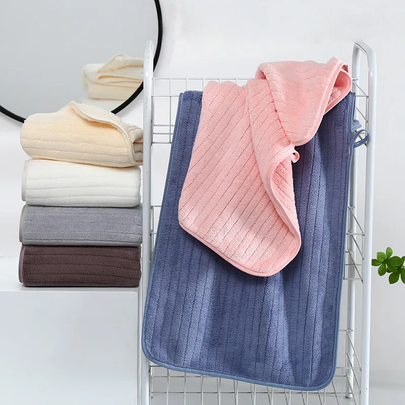 Serviette de Bain et Serviette de Visage Rayées en Polaire Corail Épaissie Absorbante Douce pour Salle de Bain à la Maison
