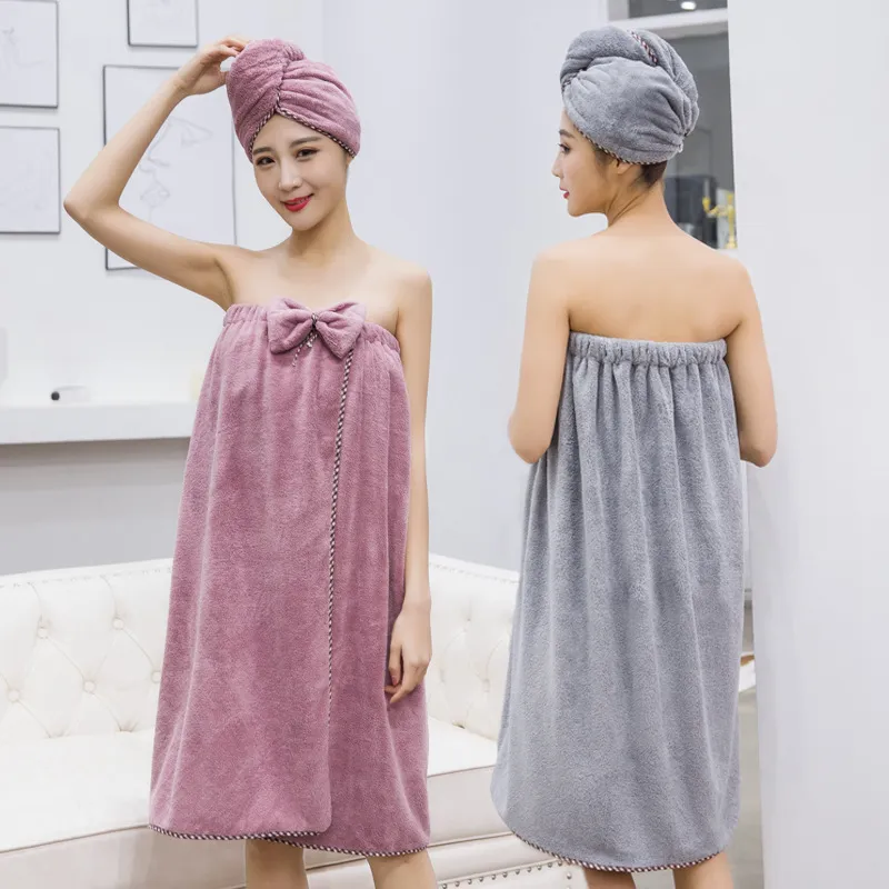Damen Korallenfleece Trägerloses Badekleid Haarkappe Saugfähig Weich Spa Bademantel Tragbar Badetuch Set Nachtwäsche