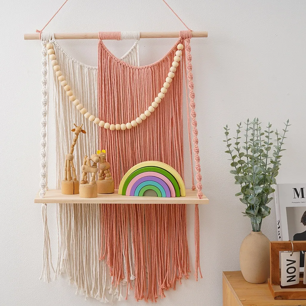 Nordic Woven Tapestry Wall Shelf Cotton Rope Hanging Storage Rack With Wooden Board For Living Room Bedroom Home Decor