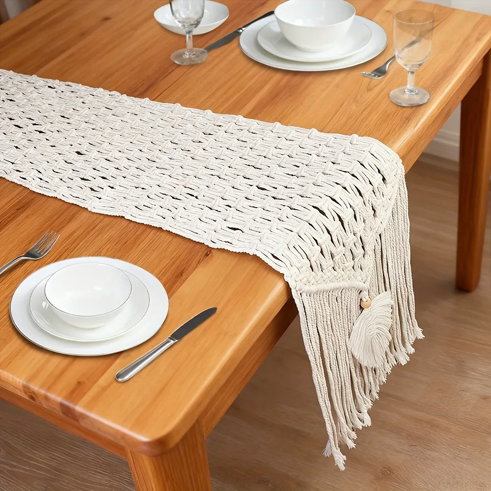 Camino de Mesa de Algodón de Estilo Nórdico Patrón de Hoja Hecho a Mano Mantel para Fiesta de Boda Comedor Decoración del Hogar