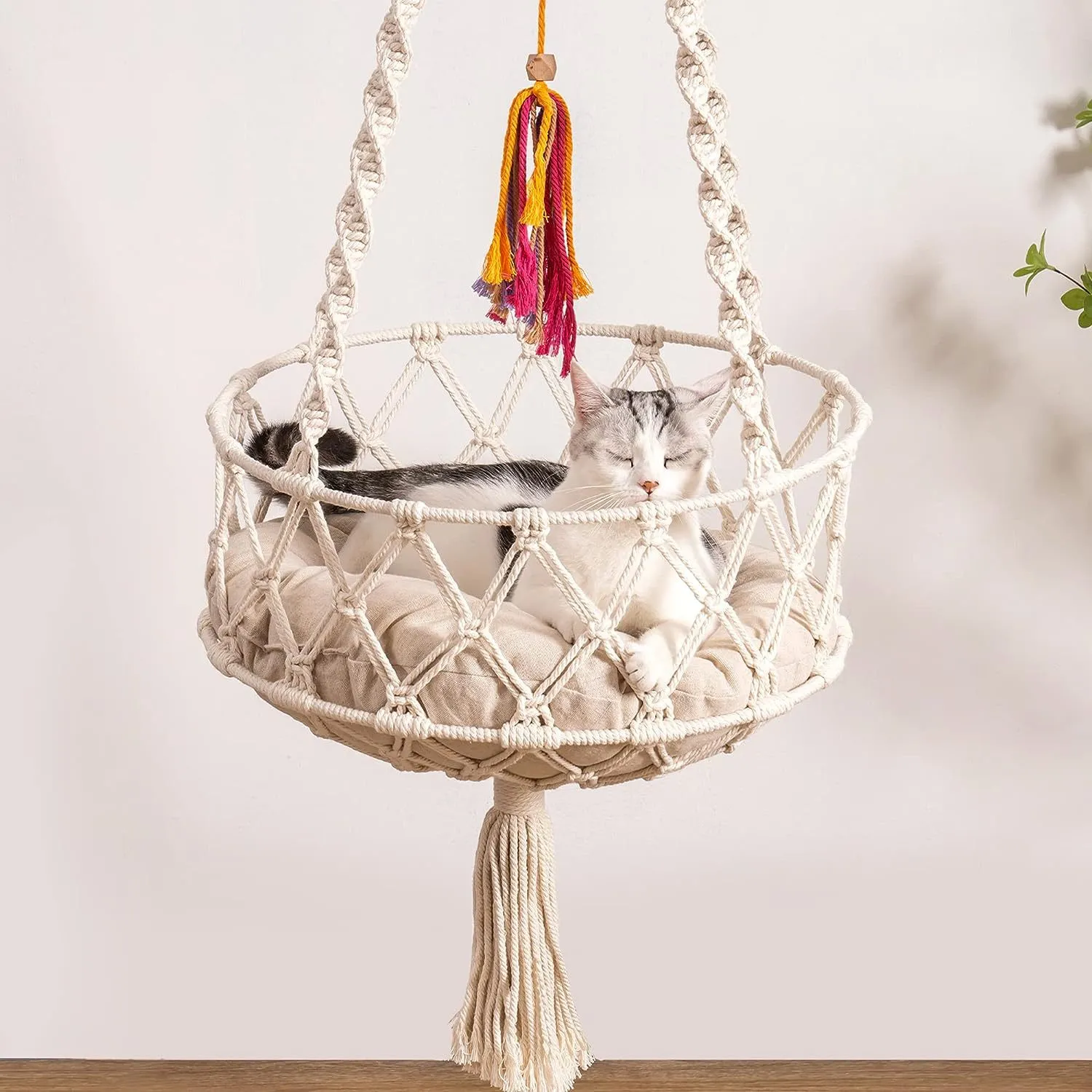 Handmade Woven Macrame Cat Hammock Bohemian Hanging Pet Bed Indoor Kitten Swing Basket With Soft Cushion