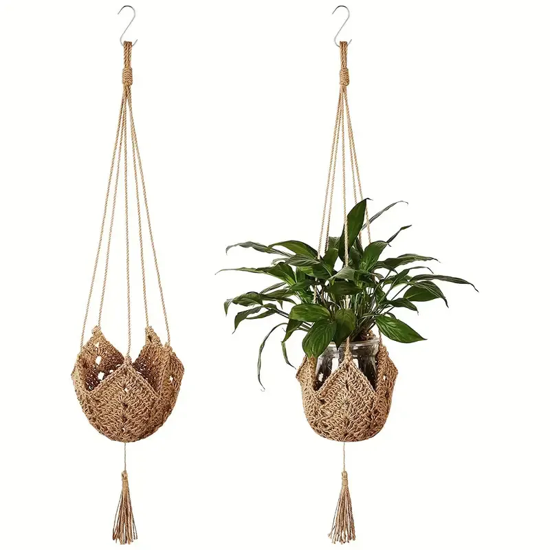 Bohemian Handgemaakte Geweven Hennep Touw Plantenhanger Kwast Hangende Plantenbak Mand Met Haak Binnen Tuin Huisdecoratie