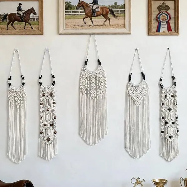 Bohemian Horseshoe Wall Hanging Cotton Woven Tapestry With Tassels Wooden Beads Western Equestrian Home Decor