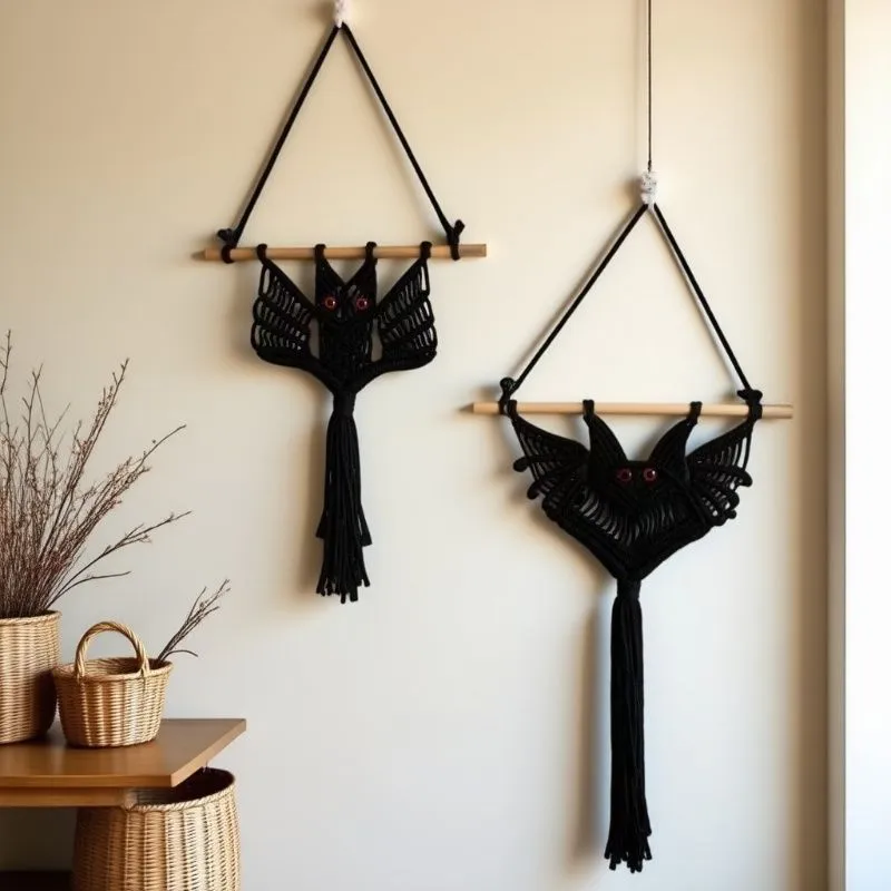 Handmade Woven Bat Tapestry Halloween Wall Hanging Decor With Wooden Rod Tassel Gothic Boho Wall Art Home Decor