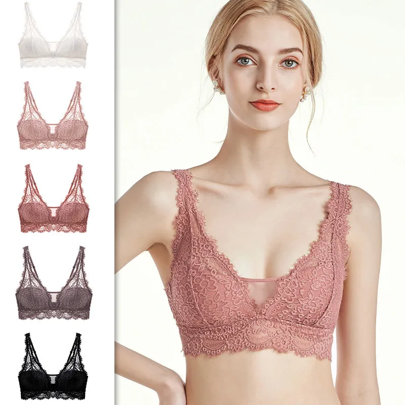 Women's French Style Wireless Lace Bra Sexy Breathable Push Up Lingerie Bralette Comfortable Soft Thin Cup Underwear Top