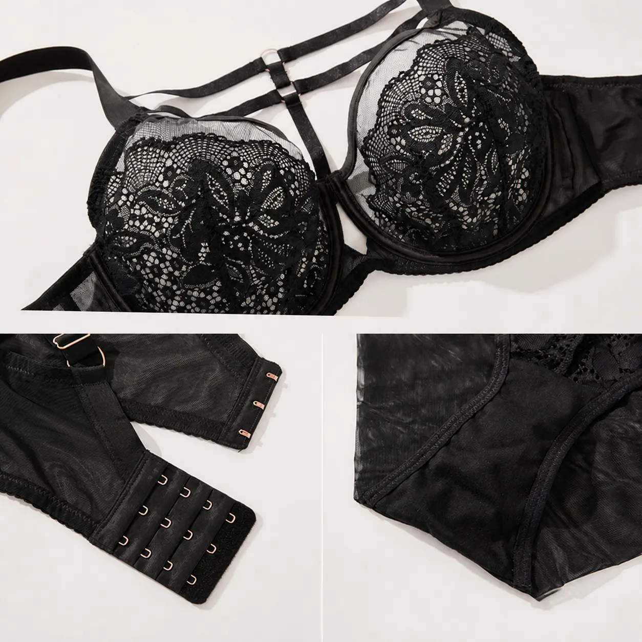 Women's Sexy Lace Bra And Panty Top And Bottom Set Large Size Thin Full Cup Underwired Strappy Lingerie For Women