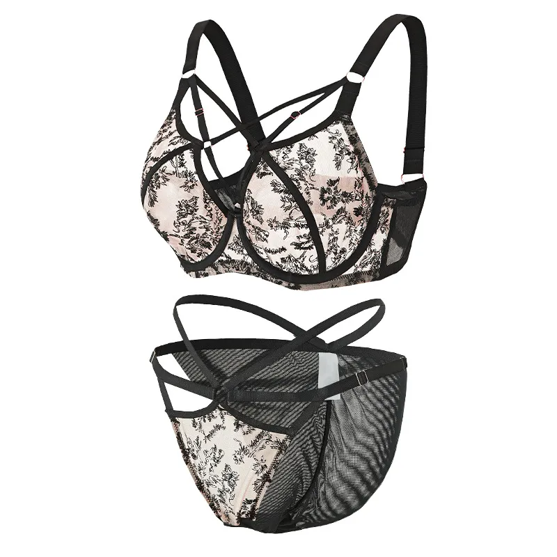 Women Plus Size Lace Mesh Lingerie Set Full Cup Push Up Bra And Bottom Set Nylon Embroidered Minimizer Underwear Set For Large Bust