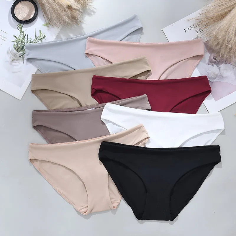 Women's Seamless Panties Nylon Spandex Breathable Mid Waist Briefs With Cotton Crotch Solid Color Everyday Underwear For Lady