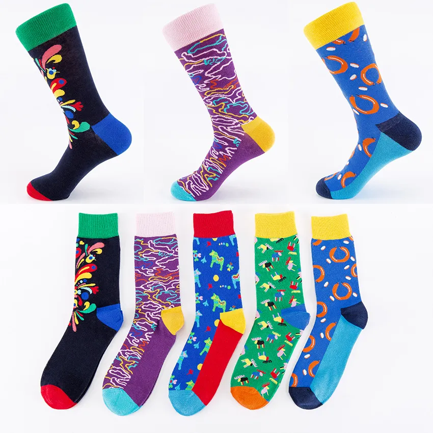 Men Casual Cotton Blend Crew Socks Colorful Patterned Athletic Sports Fashion Socks For Daily Wear
