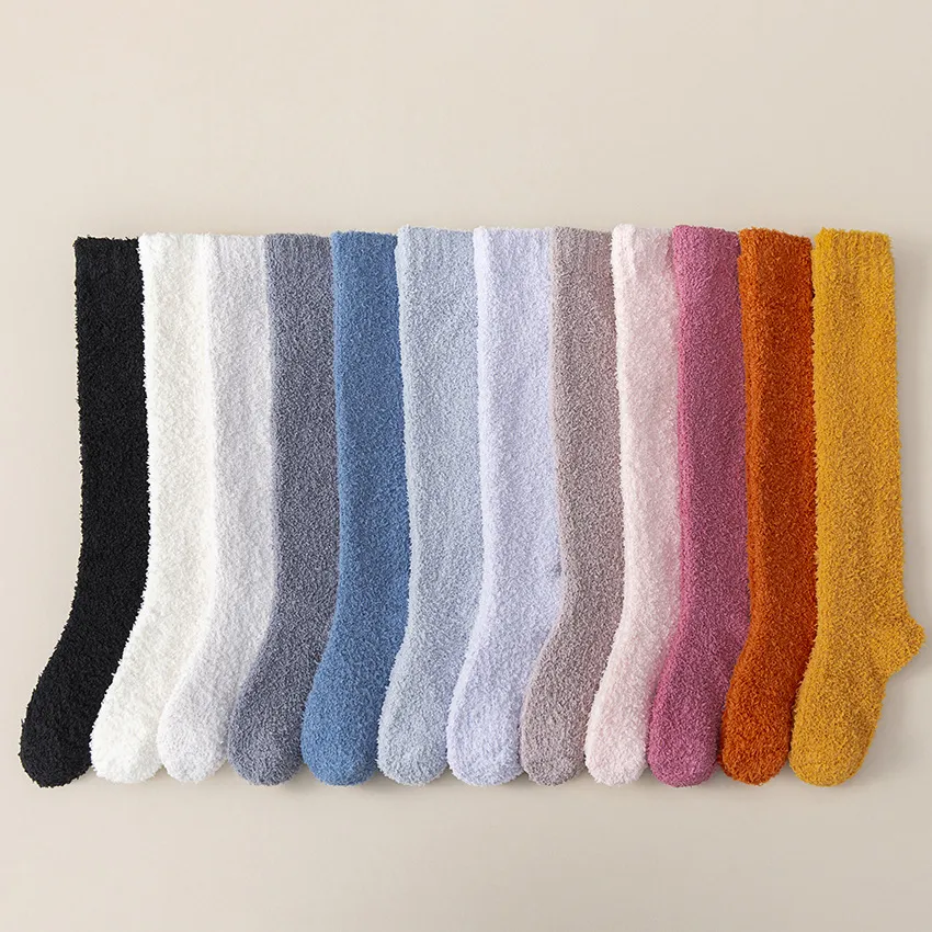 Mujer Invierno Color Sólido Forro Polar Coral Espesado Calcetines Largos Dormir Cálido Hogar Suelo Calcetines Suave Cómodo Térmico