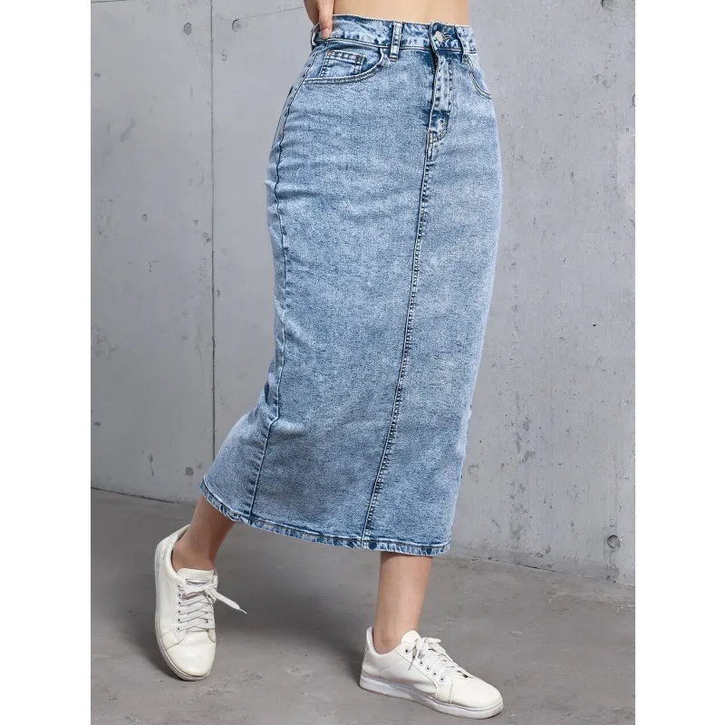 Women's High Waist Light Blue Denim Midi Skirt Casual Slim Fit Straight Long Skirt Cotton Blend Split Streetwear Fashion