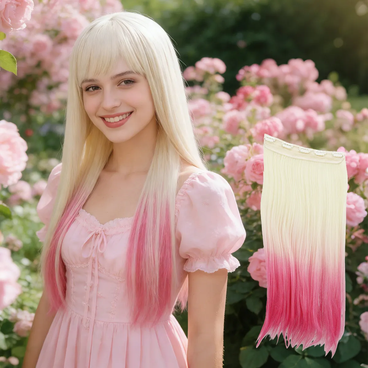 Extension de Cheveux Longs et Lisses pour Femmes Fibre Synthétique Haute Température Ombre Pièce de Cheveux à Clip Quotidien Fête Perruque