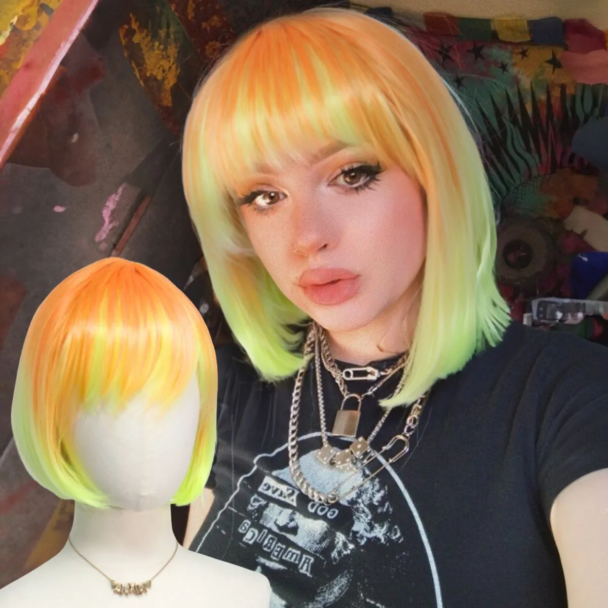 Perruque Bob Dégradé Coloré Avec Lunettes de Soleil Cœur Perruque Synthétique Courte Lisse Pour Fête Cosplay Femme