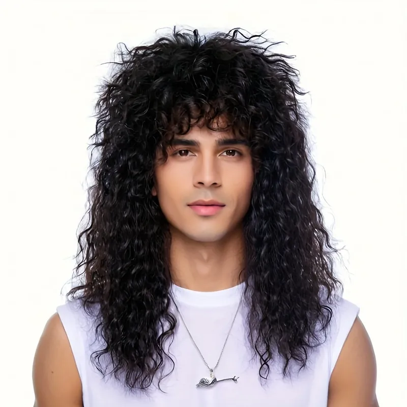 Heren Punk Rock Lang Krullend Synthetisch Pruik Natuurlijk Pluizig Haarverlenging Hoge Temperatuur Vezel Cosplay Pruik