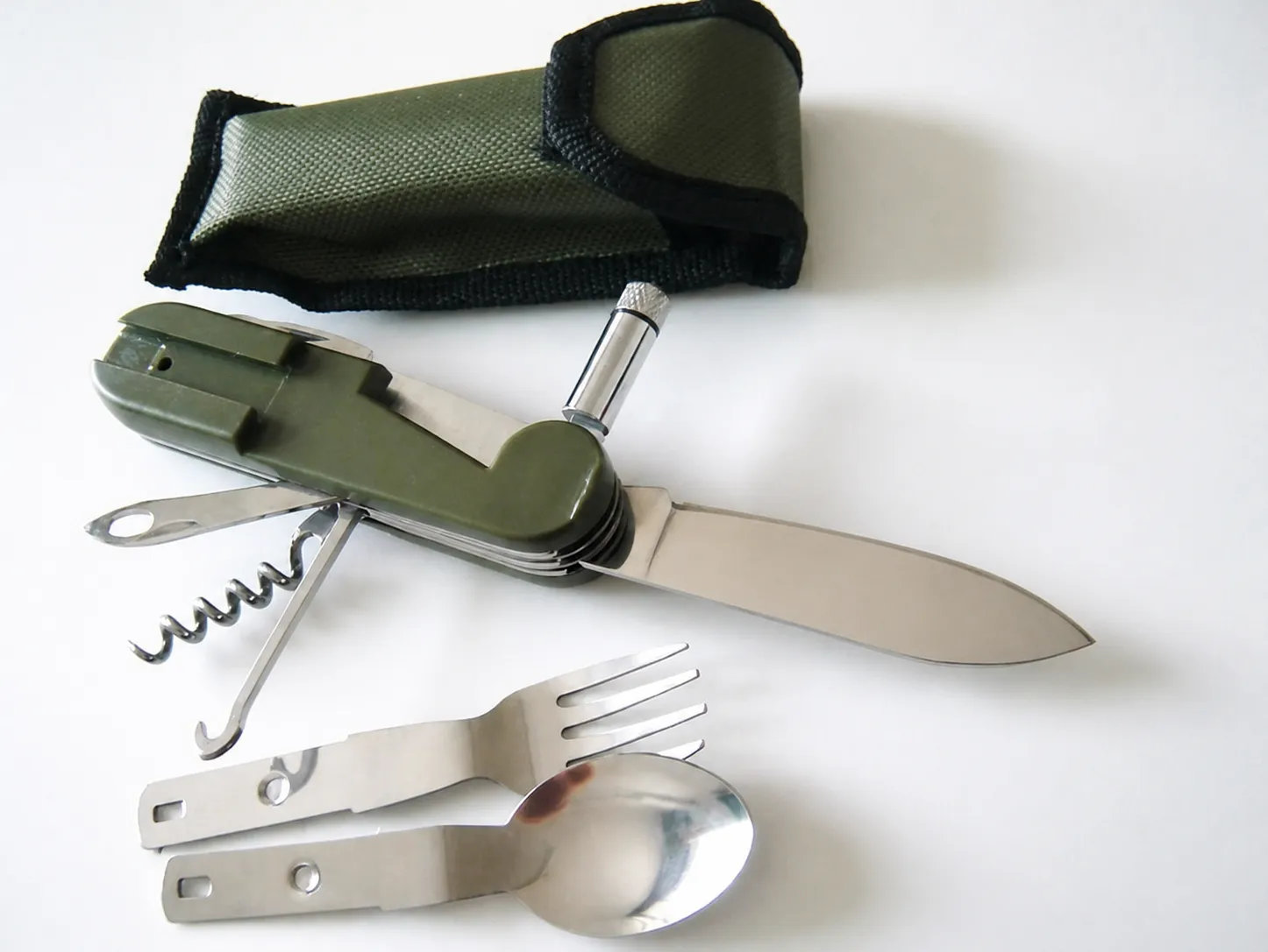 Multifunctional Camping Cutlery Stainless Steel Folding Pocket Knife Fork Spoon Tool with LED Light For Outdoor Survival