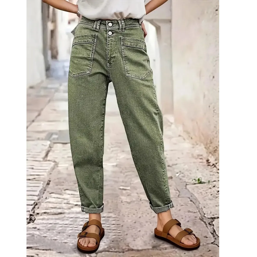Pantalon en Denim Décontracté Grande Taille pour Femme Taille Haute Double Bouton Revers