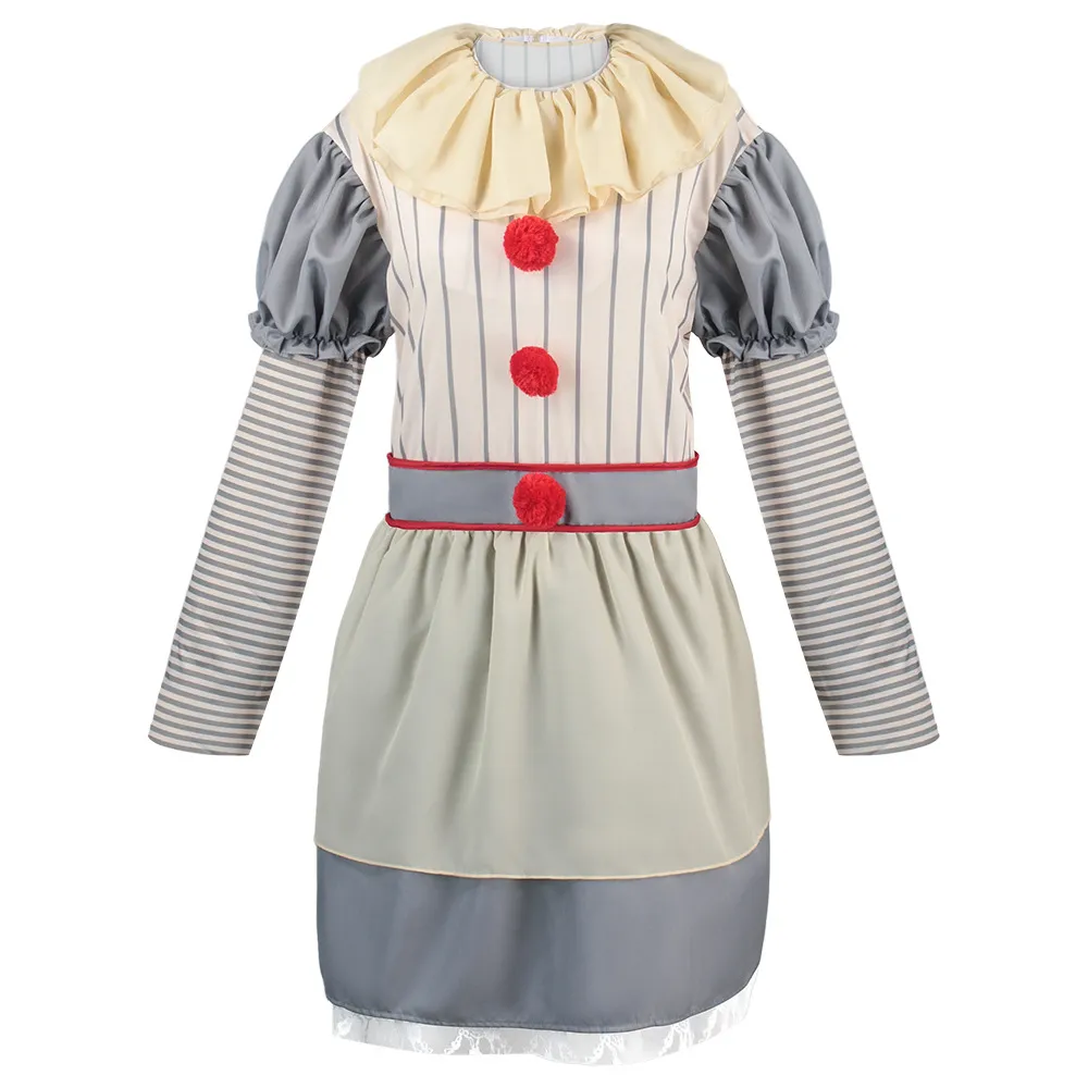 Vrouwen Halloween Cosplay Kostuum Horror Clown Thema Gestreepte Jurk Volant Kraag Feest Podium Optreden Outfit