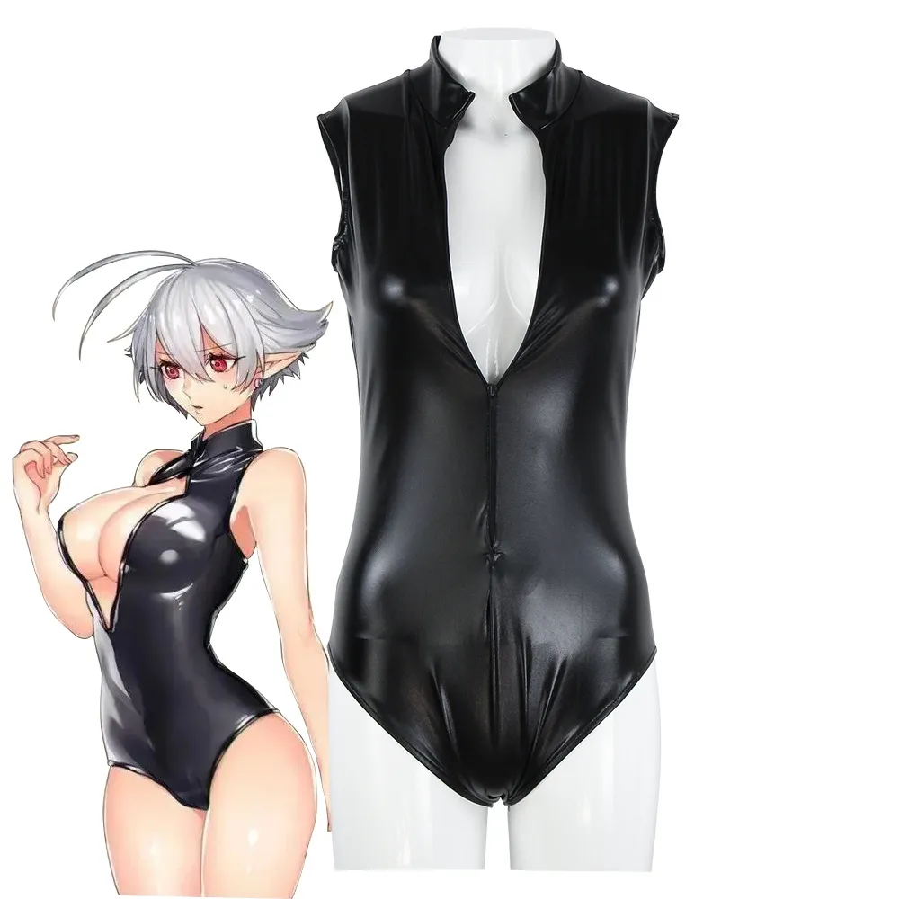 Women Black PU Leather Open Chest Sleeveless Bodysuit Stand Collar Zipper Sukumizu Anime Cosplay Costume