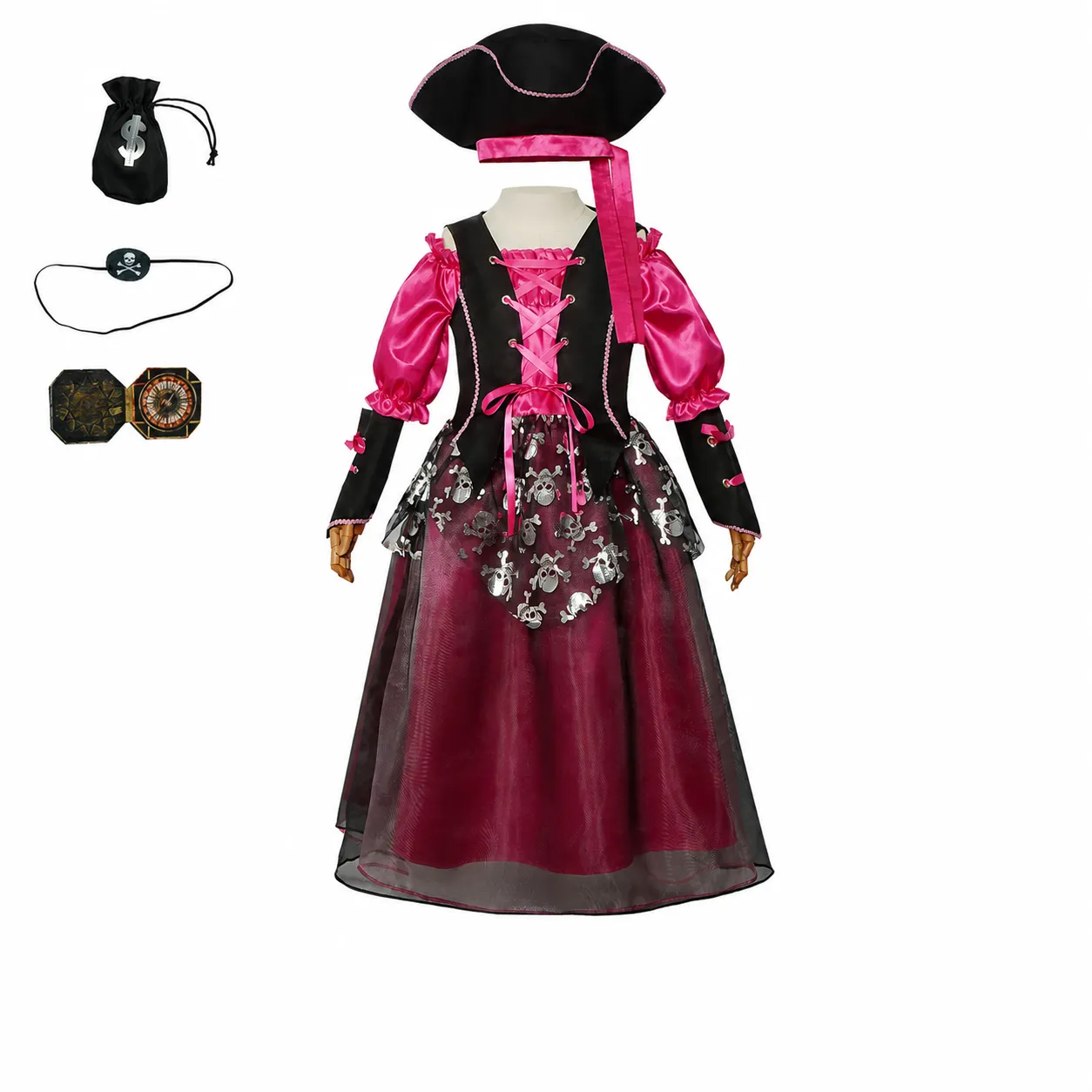 Disfraz de Pirata de Halloween para Niños Vestido de Princesa Rosa con Sombrero Traje de Actuación de Escena de Fiesta Cosplay para Niñas