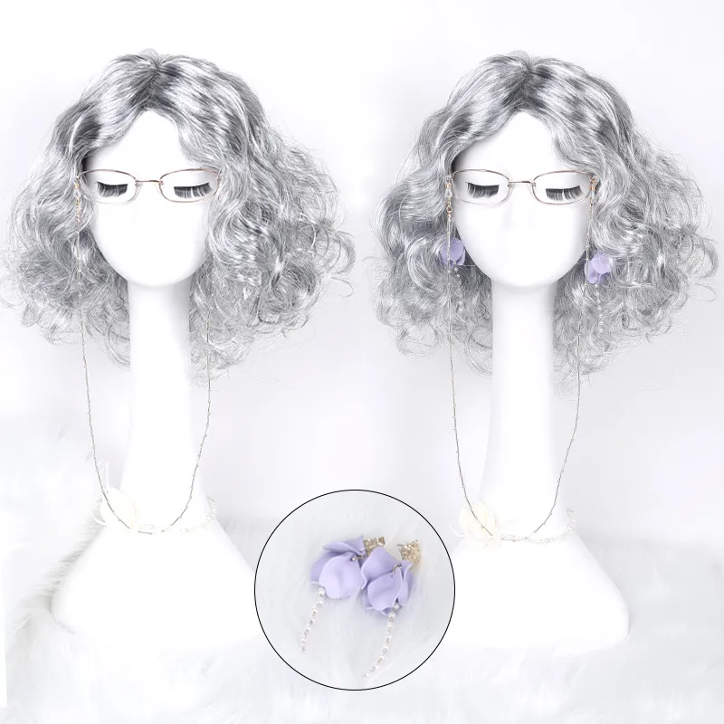 Alte Dame Cosplay Perücke Set Kurzes Lockiges Haar Mit Brille BrillenKette Halskette Ohrringe Halloween Party Kostüm Zubehör