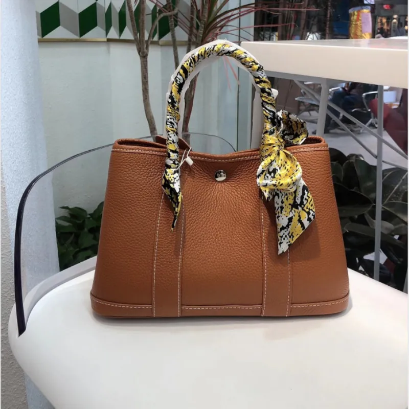 Borsa Tote da Donna in Vera Pelle Vintage Casual Grande Capacità Borsa a Tracolla Semplice Giardino Tinta Unita Motivo Litchi Borsa da Lavoro