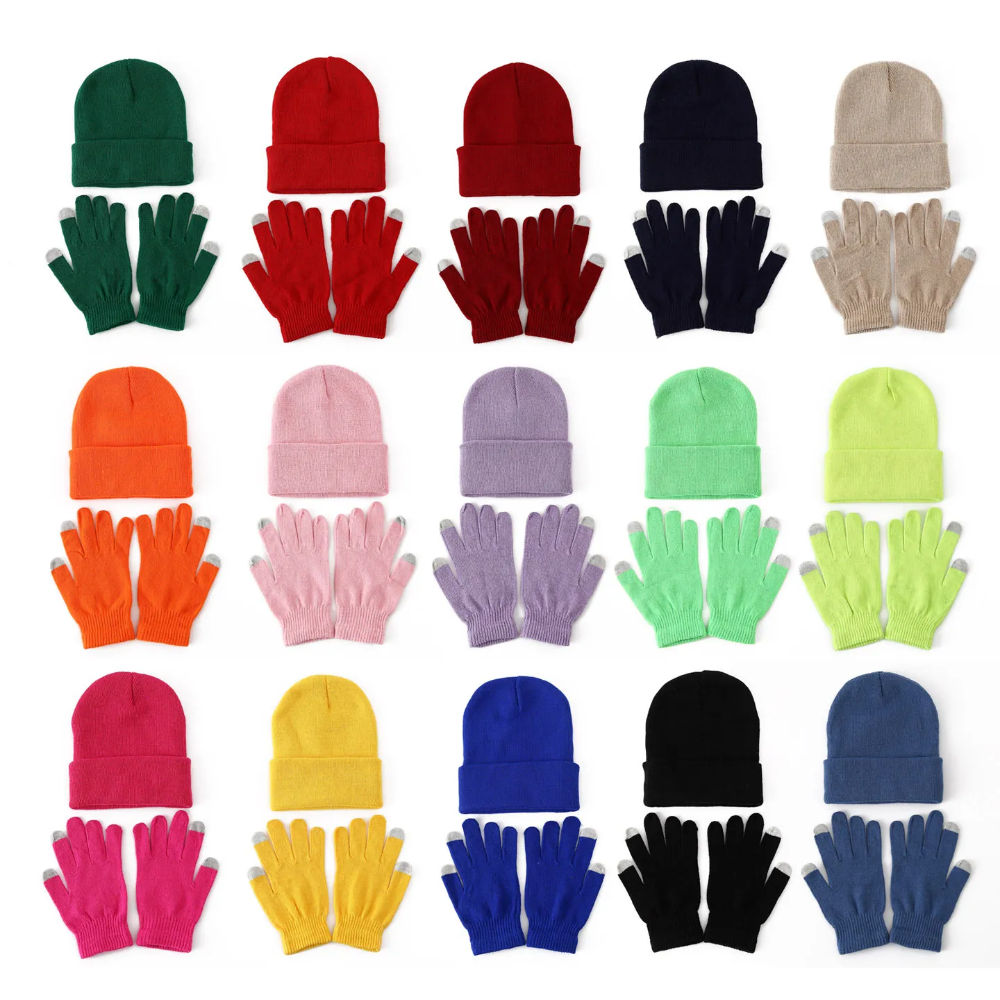 Unisex Winter Warme Gebreide Muts En Touchscreen Handschoenen Set Effen Kleur Basis Muts Outdoor Thermische Accessoires