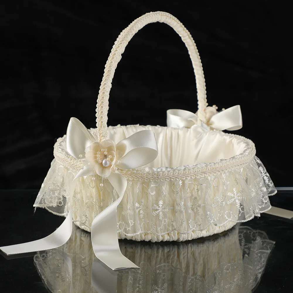 White Satin Lace Bowknot Wedding Flower Girl Basket Romantic Event Party Decoration Bridal Ceremony