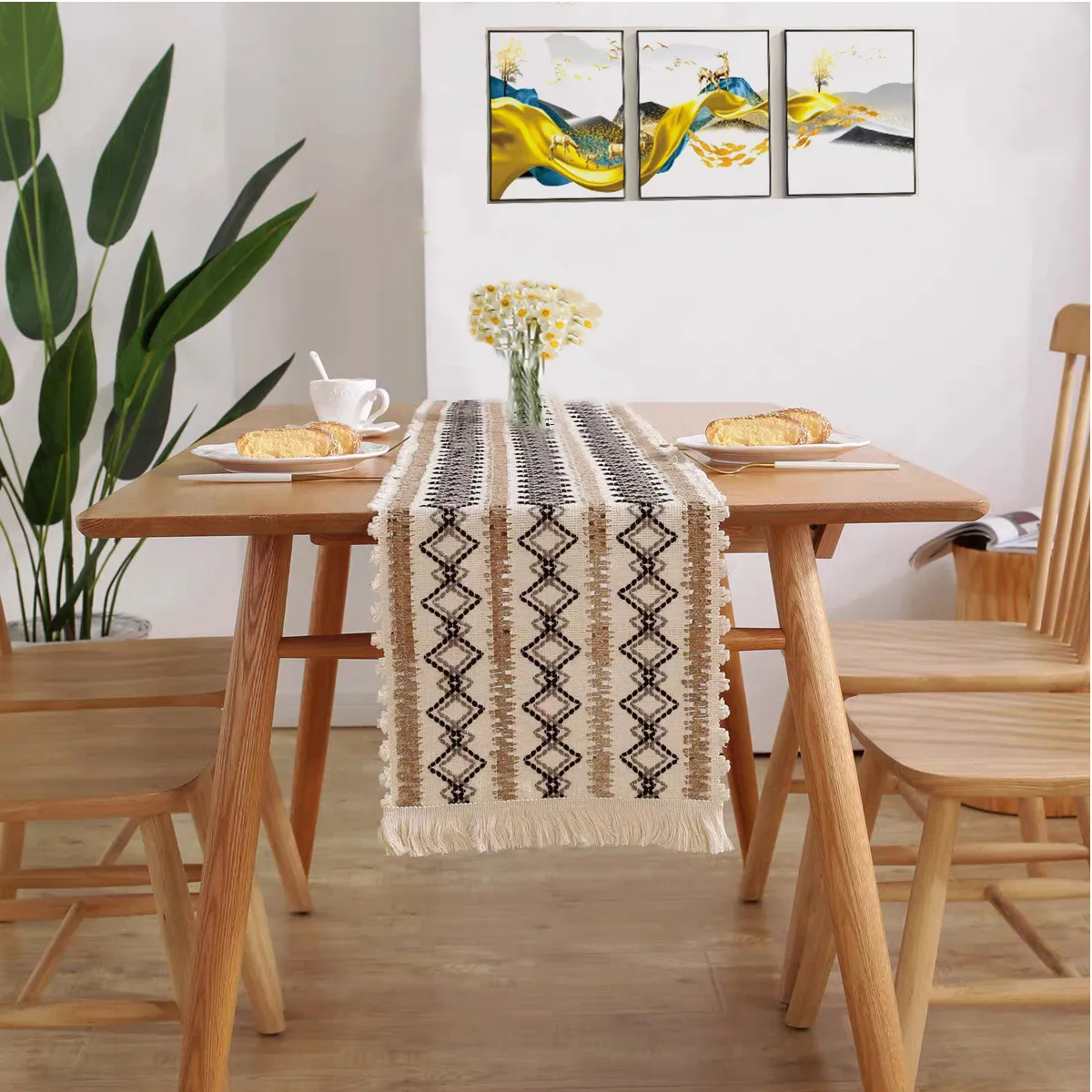 Nordic Cotton Linen Hollow Out Table Runner With Tassels Geometric Pattern Dining Coffee TV Cabinet Long Decorative Table Flag