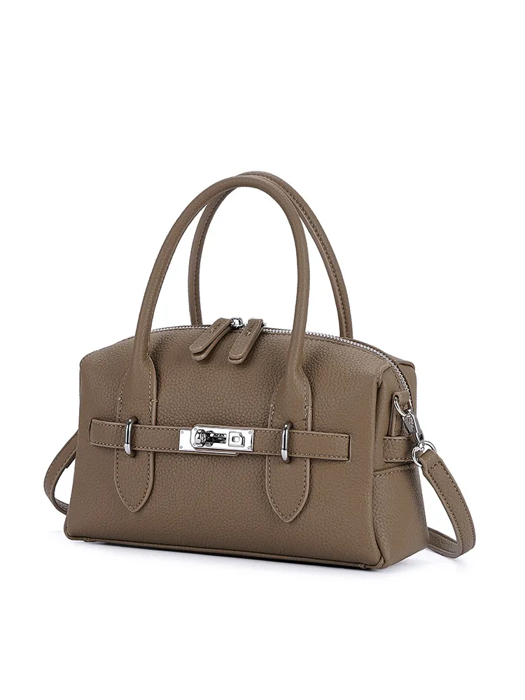 Women Fashion PU Leather Bowling Bag Luxury Designer Tote Handbag Casual Shoulder Crossbody Bag With Metal Lock