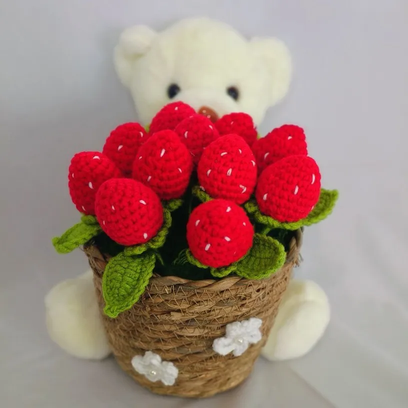 Handmade Knitted Yarn Bear Flower Bouquet Potted Plant Crochet Floral Desktop Ornament Birthday Graduation Gift