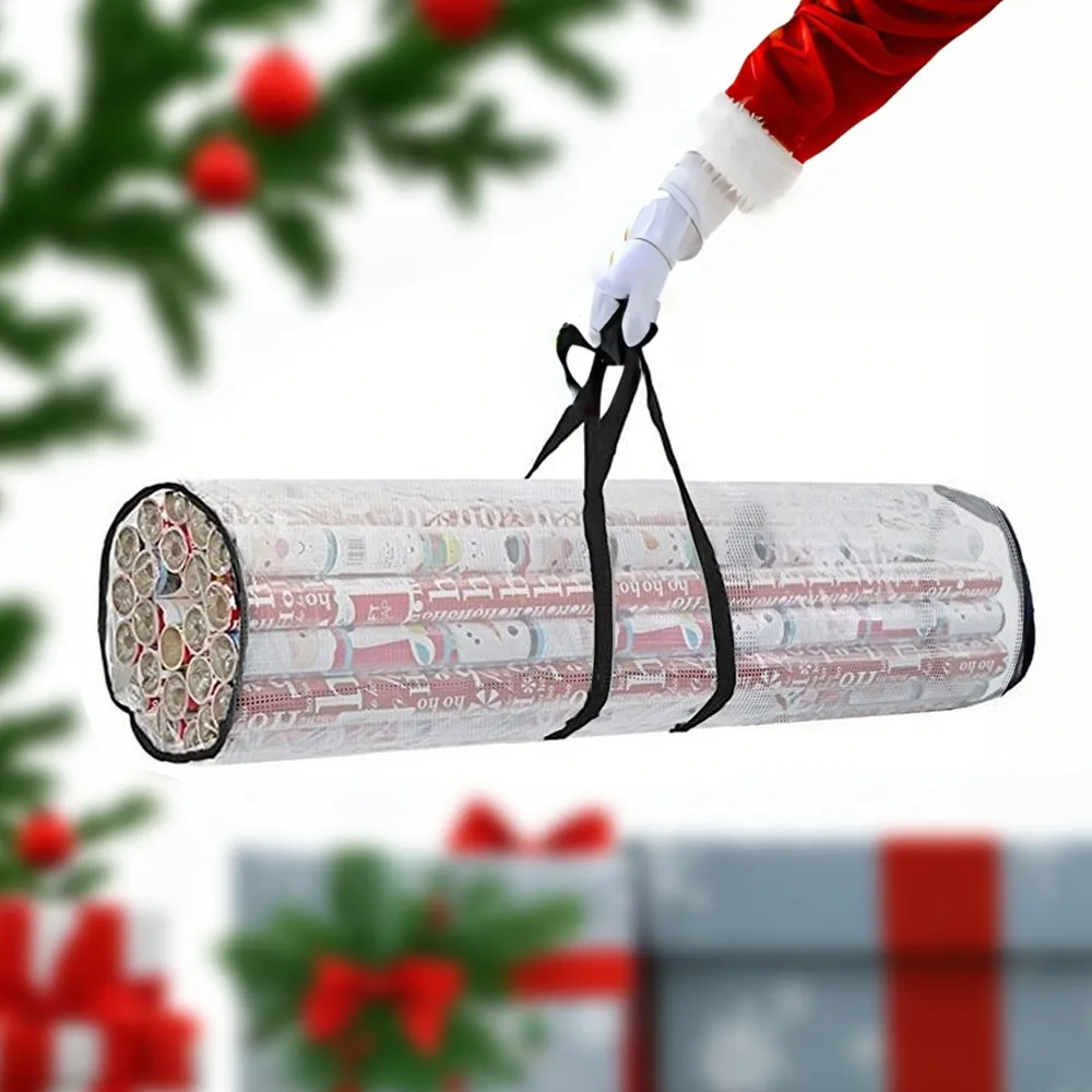 Bolsa de Almacenamiento de Regalos Portátil Cilíndrica Impermeable Malla Transparente Organizador de Papel de Regalo Para Navidad Hogar