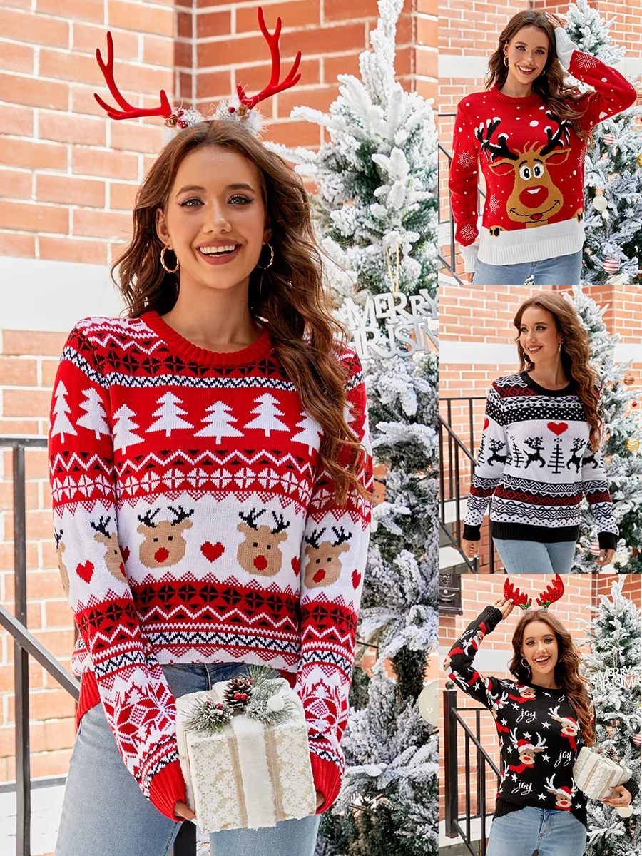 Damen Casual Weihnachten Jacquard Pullover Langarm Rundhals Geknitterter Winter Feiertag Top
