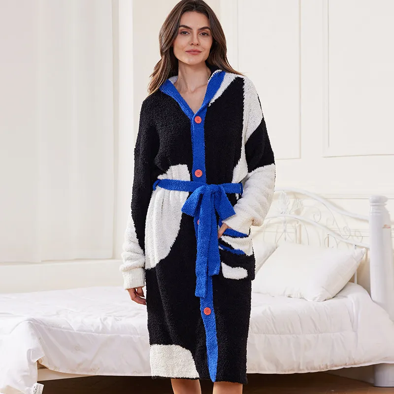 Women's Winter Thickened Hooded Robe Long Sleeve Fleece Sleepwear Casual Soft Warm Bathrobe With Belt Loungewear
