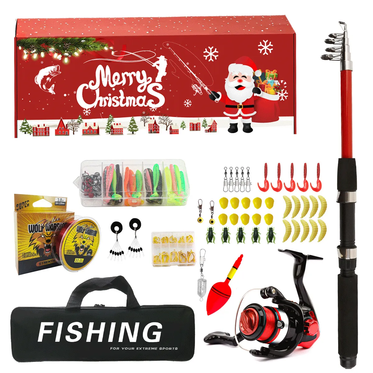 Christmas Luring Fishing Rod Set Fiberglass Telescopic Rod Spinning Reel Fishing Bag Lures Line Complete Fishing Gear Kit