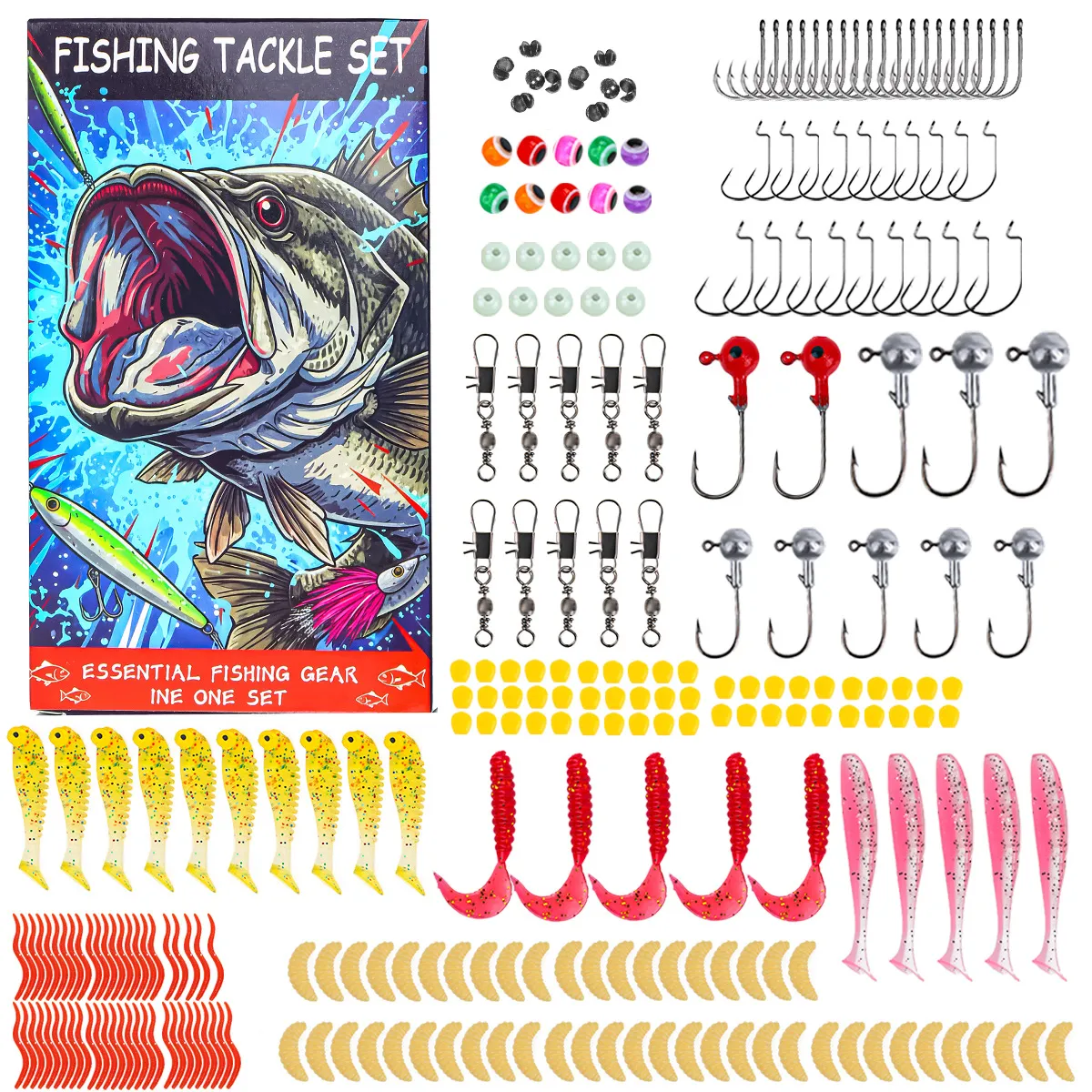 Kit de Cebos de Pesca Vinilos Anzuelos Cabezas Plomadas Esmerillones Cuentas Contenedor de Almacenamiento Equipo de Pesca