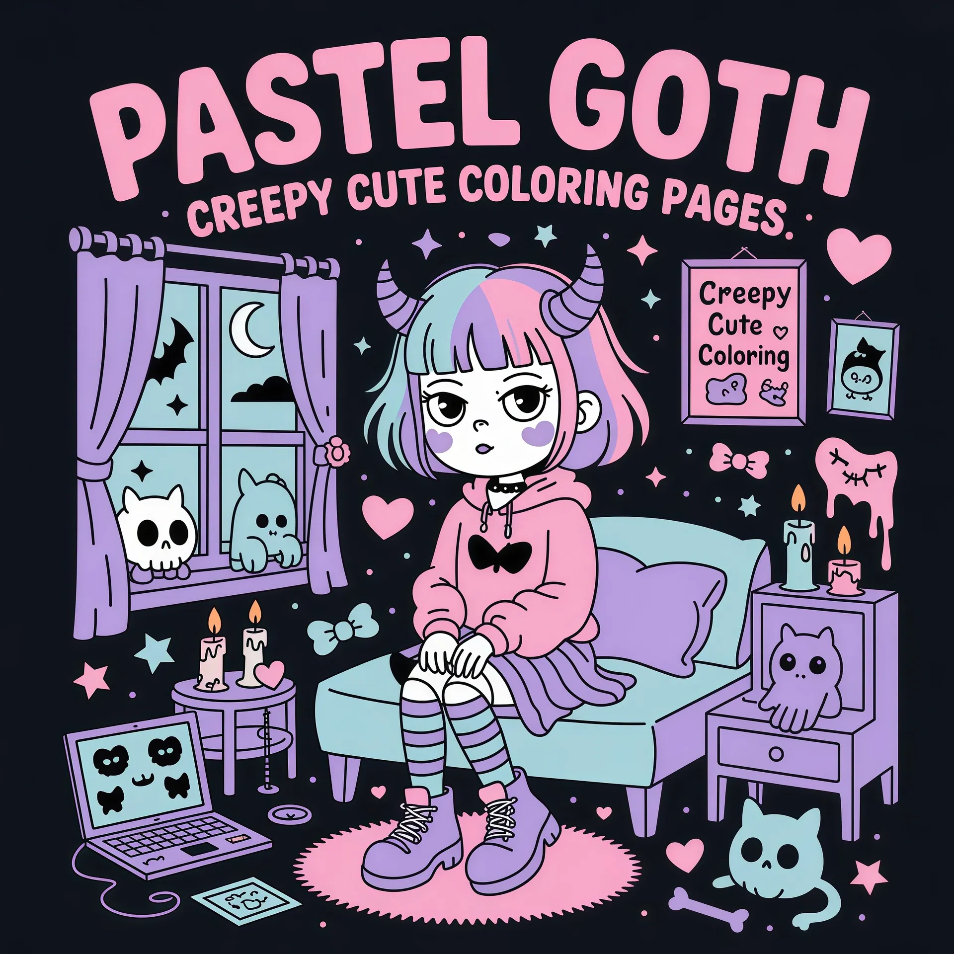 Dark Goth Lolita Coloring Book For Adults And Teens Single Sided Printed Stress Relief Art Drawing Book Gift