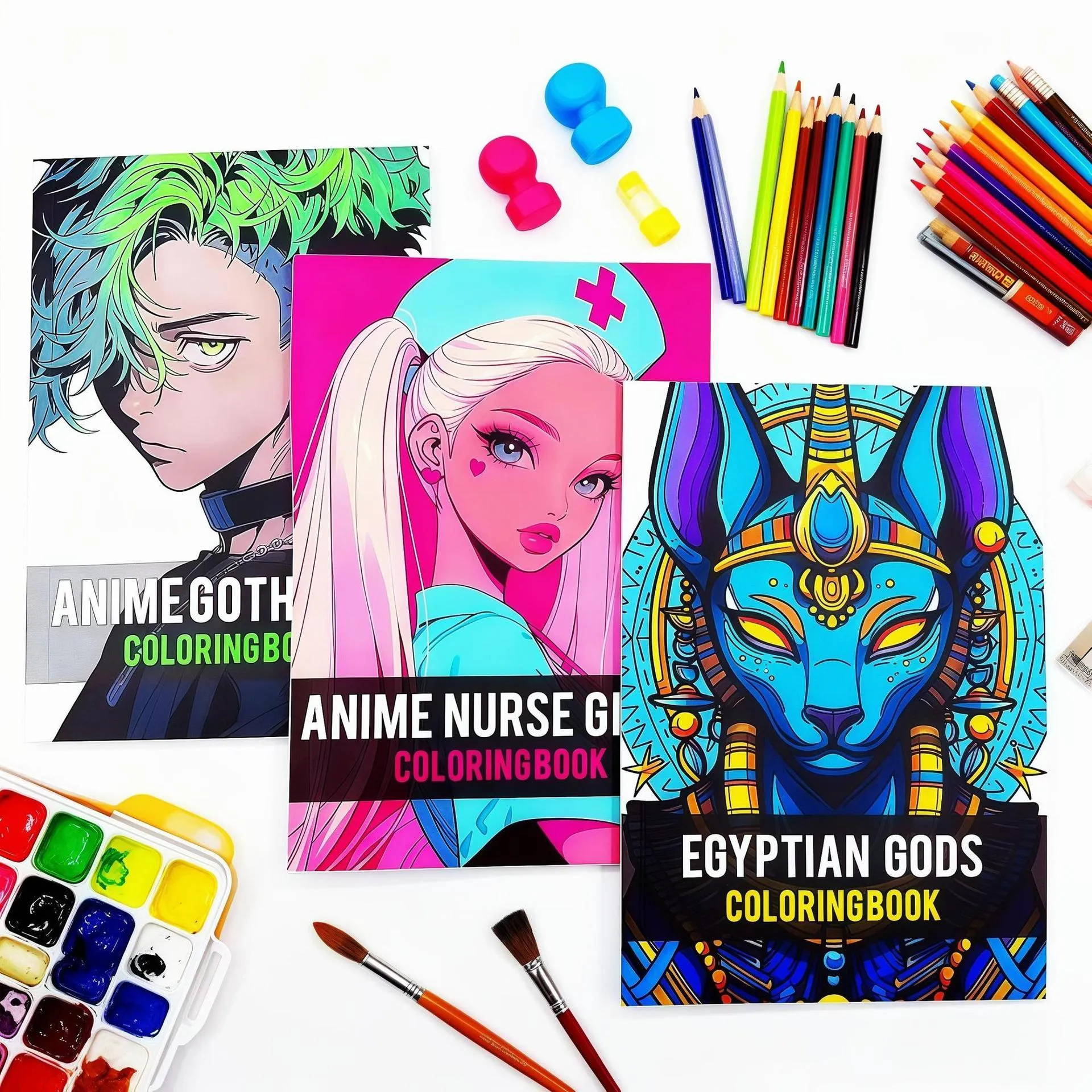 Adult Stress Relief Coloring Book Anime Nurse Egyptian Gods Gothic Boy Illustration Art Therapy Painting Drawing Book