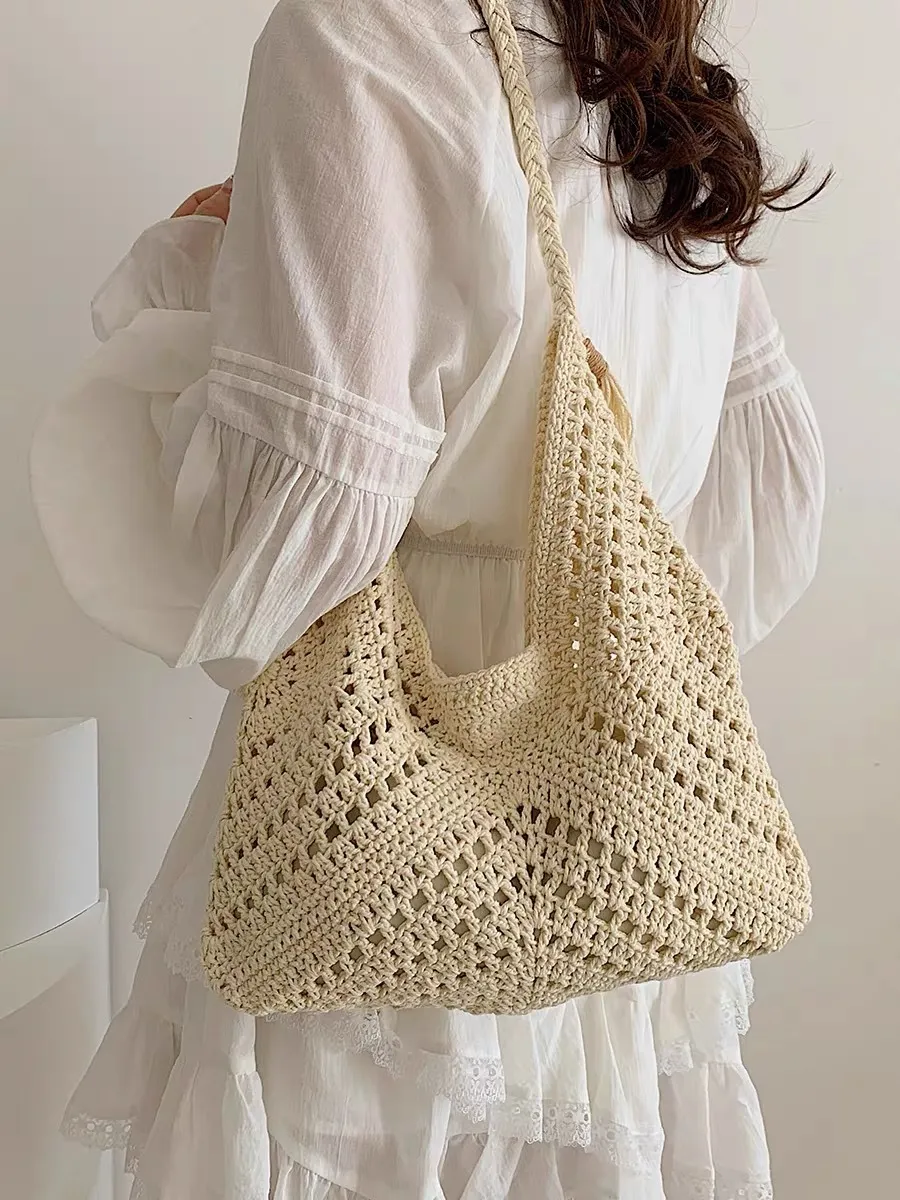 Borsa Tote Intrecciata in Paglia da Donna Stile Letterario Vintage Vacanza al Mare Borsa a Tracolla Grande Capacità Borsa Hobo Casual