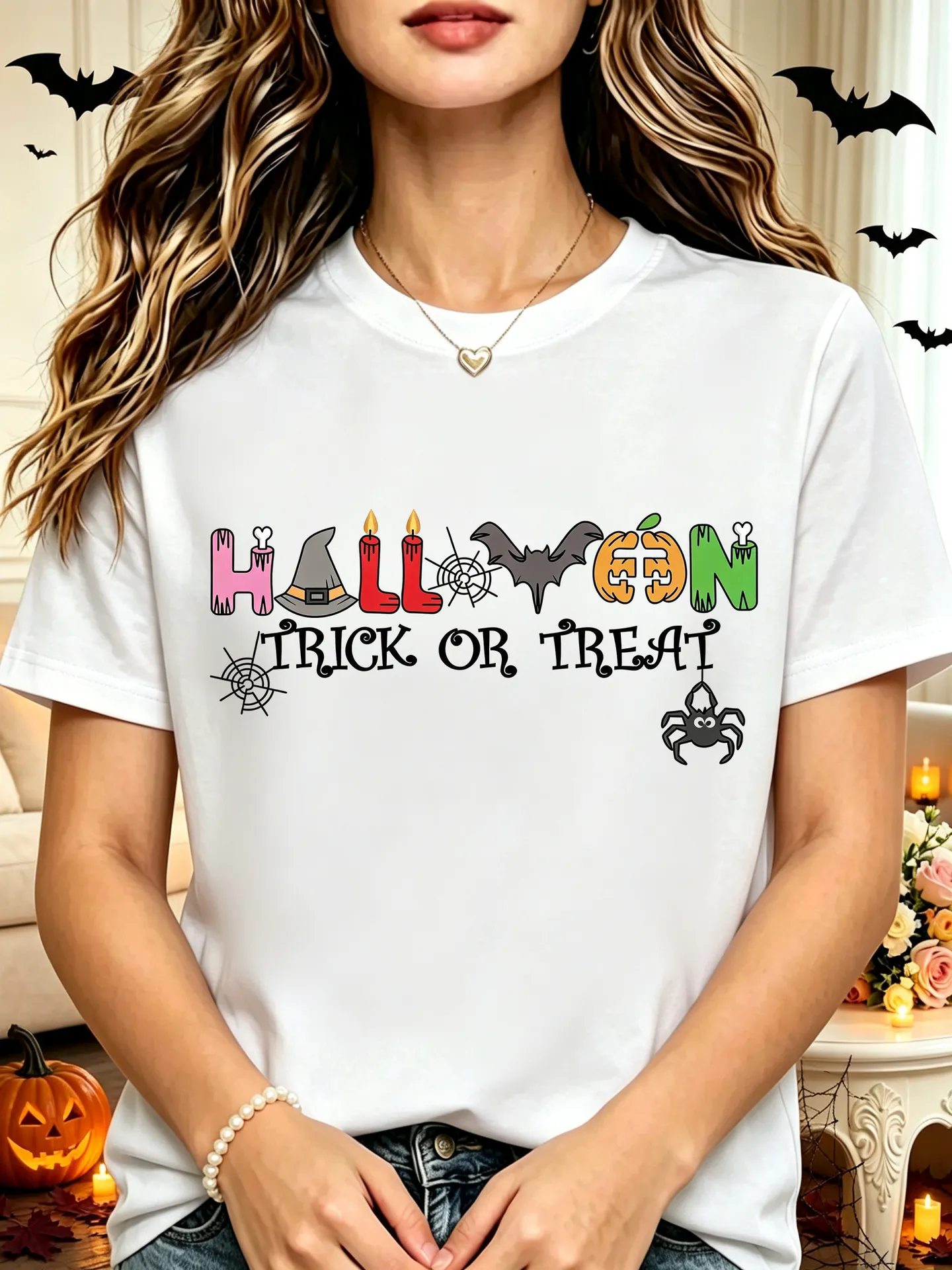 Γυναικείο Casual T-Shirt με Γραφική Εκτύπωση Halloween Κοντό Μανίκι Στρογγυλή Λαιμόκοψη Βασικό Φαρδύ Top από Μείγμα Βαμβακιού