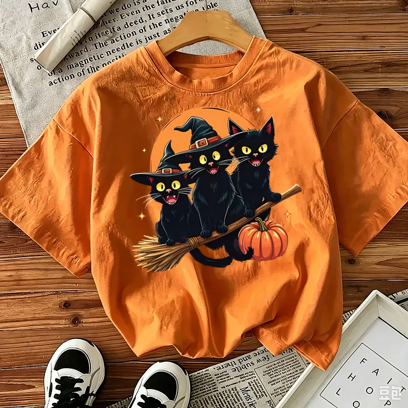 Γυναικείο T-Shirt Κοντό Μανίκι με Στάμπια Μαύρη Γάτα και Κολοκύθα Απόκριες Casual V-Neck Top