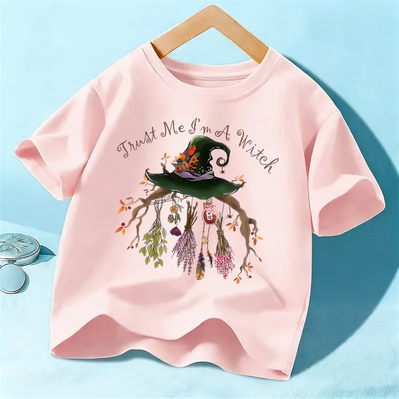 Kids Halloween Short Sleeve T-Shirt Boys Girls Cotton Cute Witch Hat Graphic Tee Children Summer Festival Top