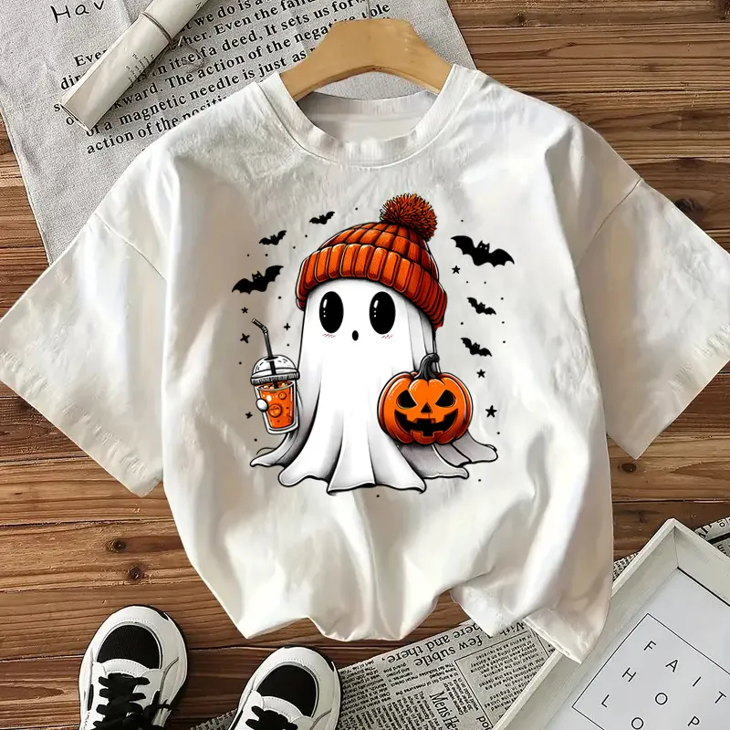 Women's Halloween Ghost Pumpkin Print Short Sleeve T-Shirt Casual Loose O-Neck Graphic Cotton Tee Top For Holiday Party